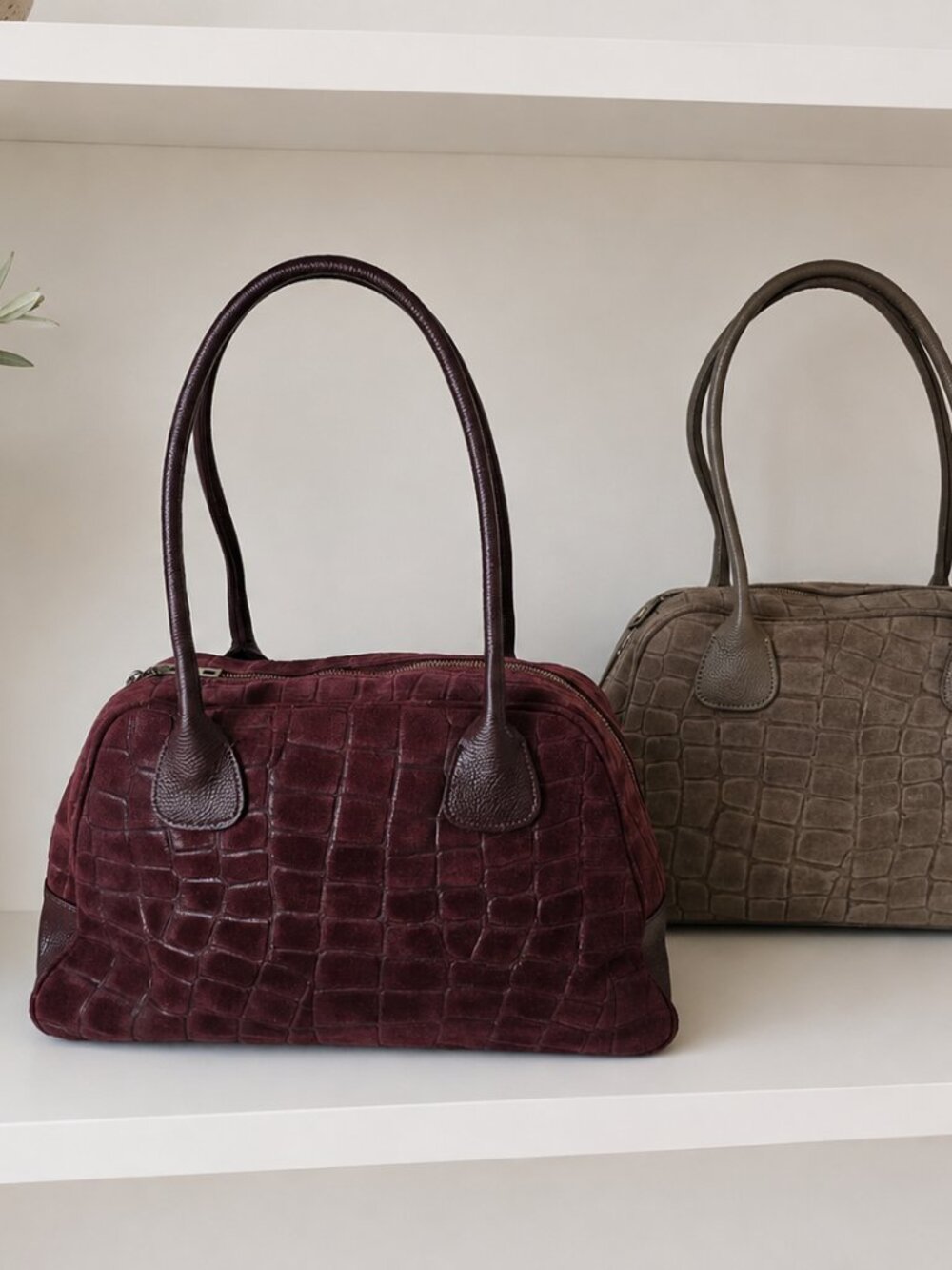 Burgundy Italian Leather & Croc-Embossed Suede Shoulder Bag – Large Dome Handbag - Picture 6 of 15